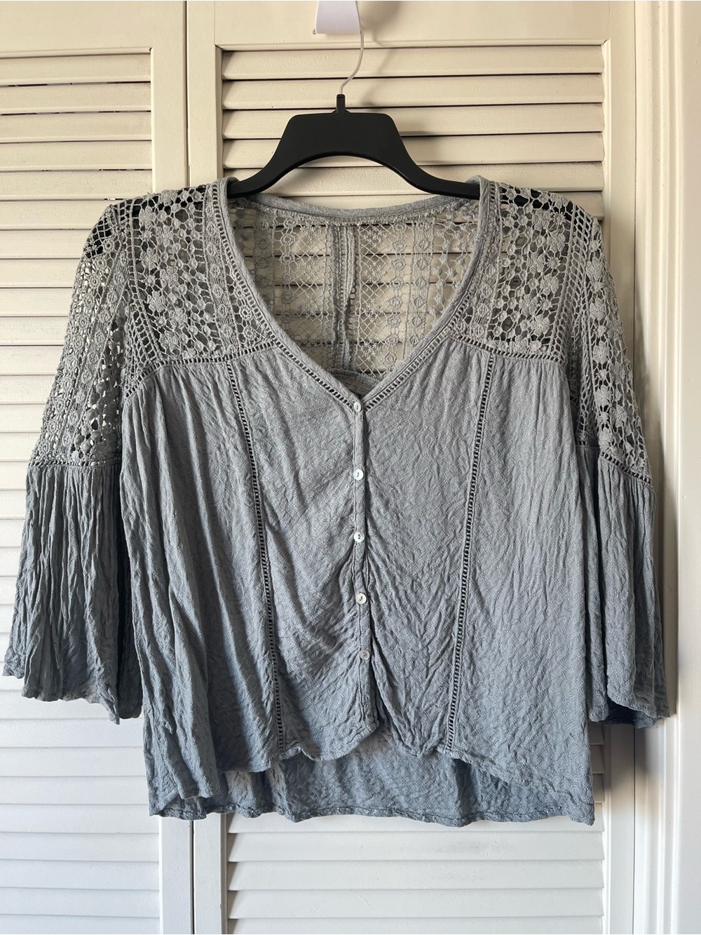 Love Stitch Grey Crochet Yoke Button-Front Blouse